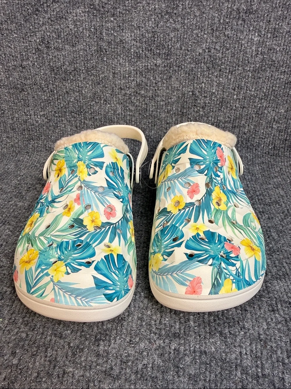 Kids Floral Fleece-Lined Slip-On Clogs - White with Teal & Yellow Child 13